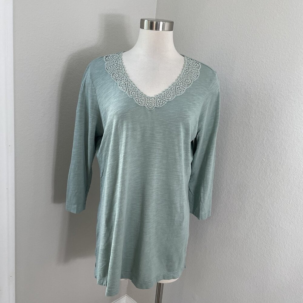 J Jill Womens Medium Green Crochet V Neck Tunic Top 3/4 Sleeve Shirt